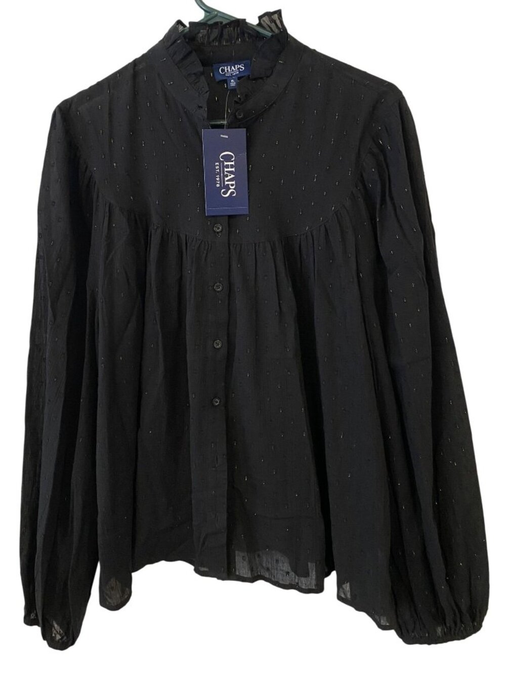NWT Chaps Womens XL Black Ruffle Neck Dot Blouse Whimsigoth Goth Witchy